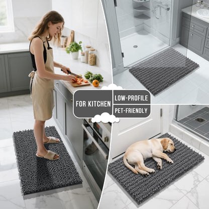 Yimobra Bathroom Rugs Non Slip Washable - Ultra Soft Absorbent Chenille Bath Mat, Quick Dry Shaggy Floor Carpet for Tub Shower, Gray Home Decor Accessories, 24x17 Inch