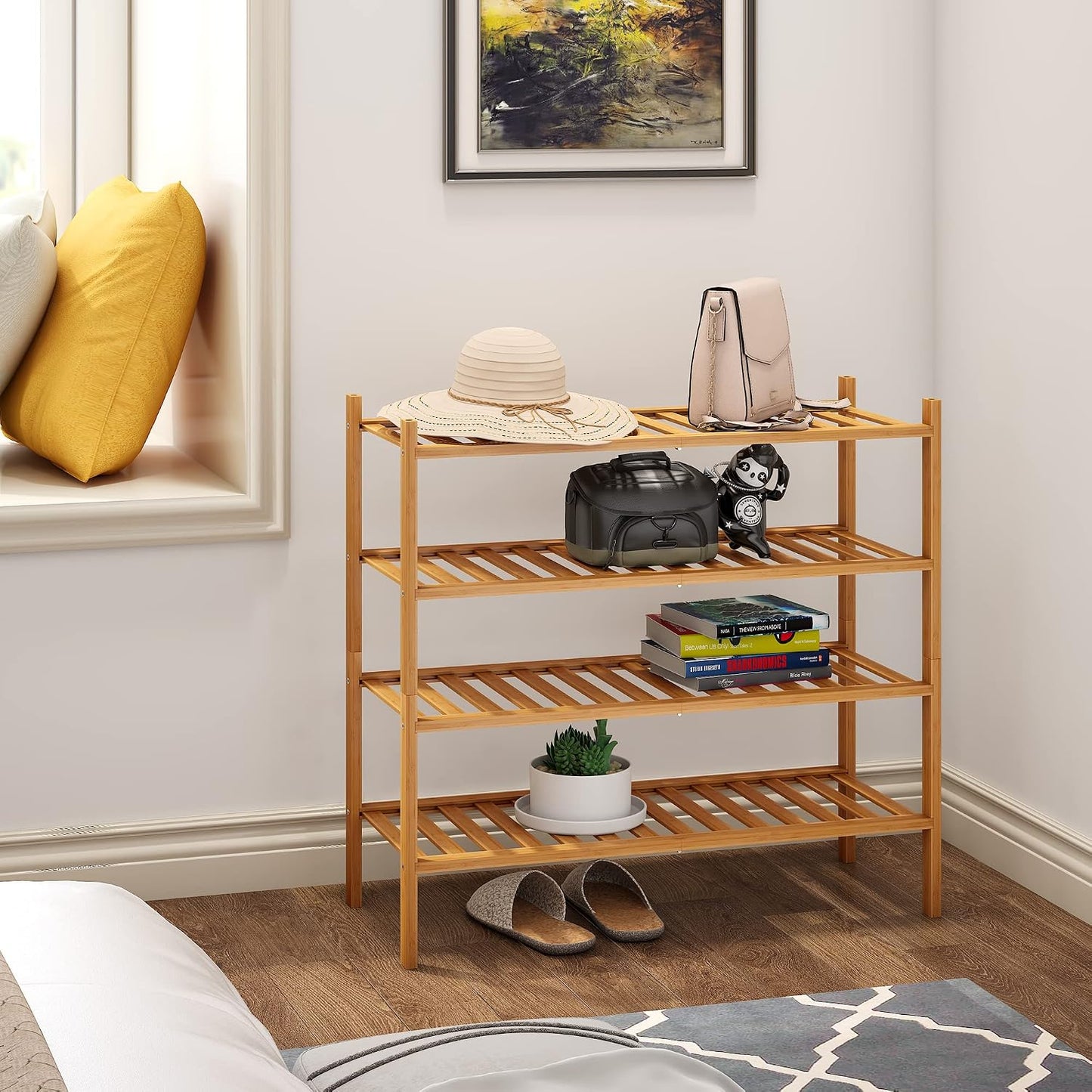 BMOSU 2-Tier Bamboo Small Shoe Rack Premium Stackable Shoe Shelf Storage Organizer for Hallway Closet Living Room Entryway Organizer (Black Bamboo)