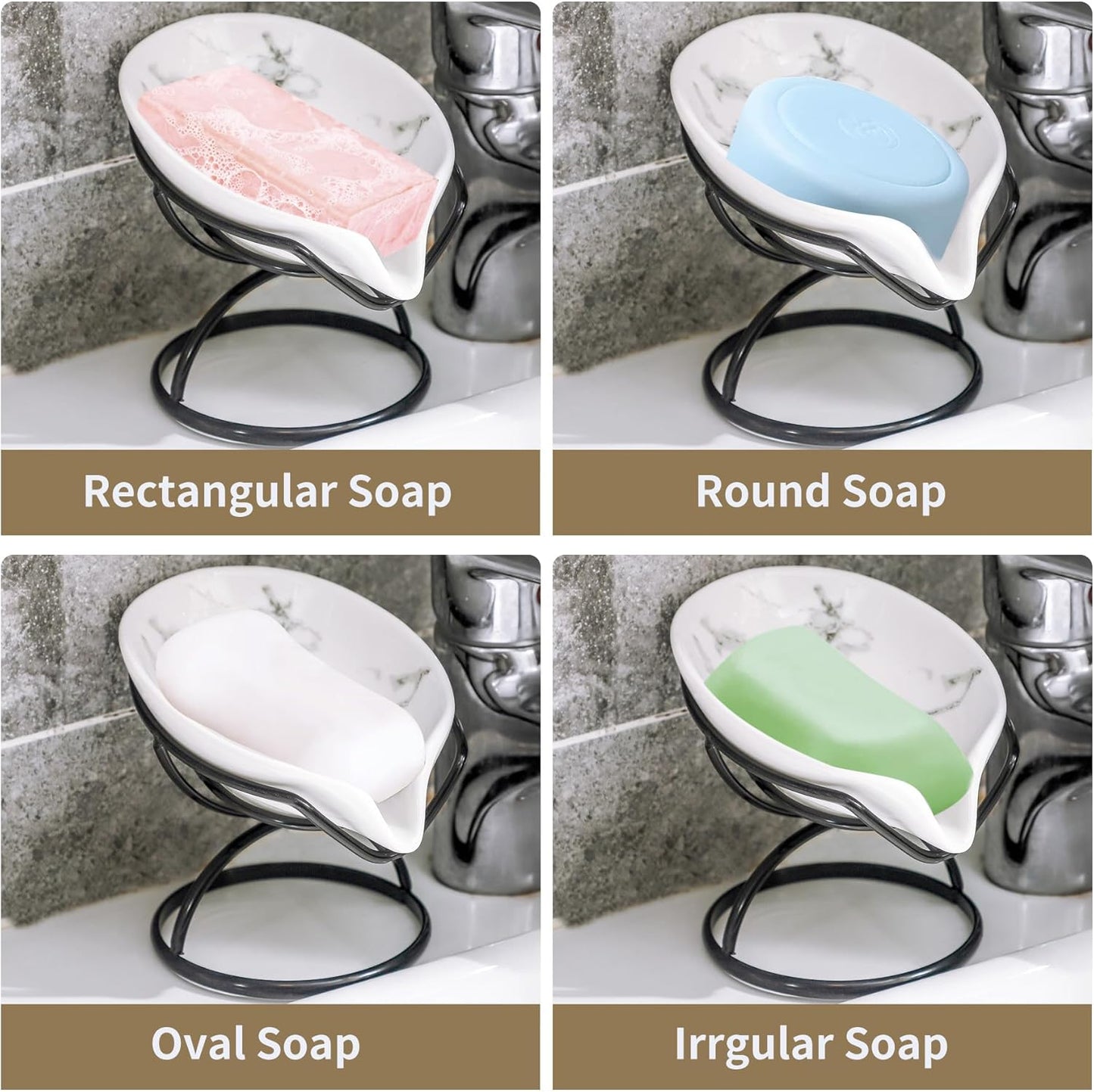 Dobbyby Leaf-Shaped Soap Dish – Premium Ceramic Soap Bar Holder with Self-Drainage System – Bar Soap Holder for Shower, Bathroom Sink, Kitchen – Waterfall Soap Dish with Stainless Steel Stand (SLIVER)