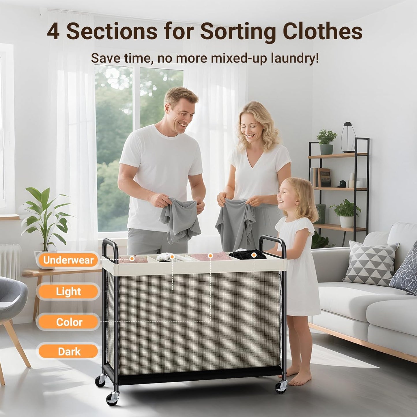 ELYKEN Laundry Hamper 3 Section, 120L Rolling Laundry Sorter with Removable Liner Bag, Laundry Basket with Wheels, Steel Frame with Metal Handle, Clothes Hamper Cart for Laundry Room & Bedroom