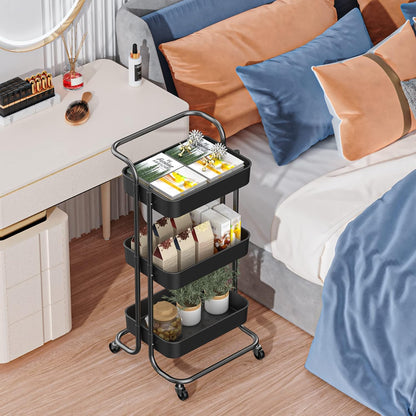Sooyee 3 Tier Rolling Cart with Wheels, Slim Storage Cart, Under Desk Narrow Rolling Utility Cart Storage Organizer for Office Bathroom Kitchen Laundry Room Narrow Places, White, Plastic and Metal