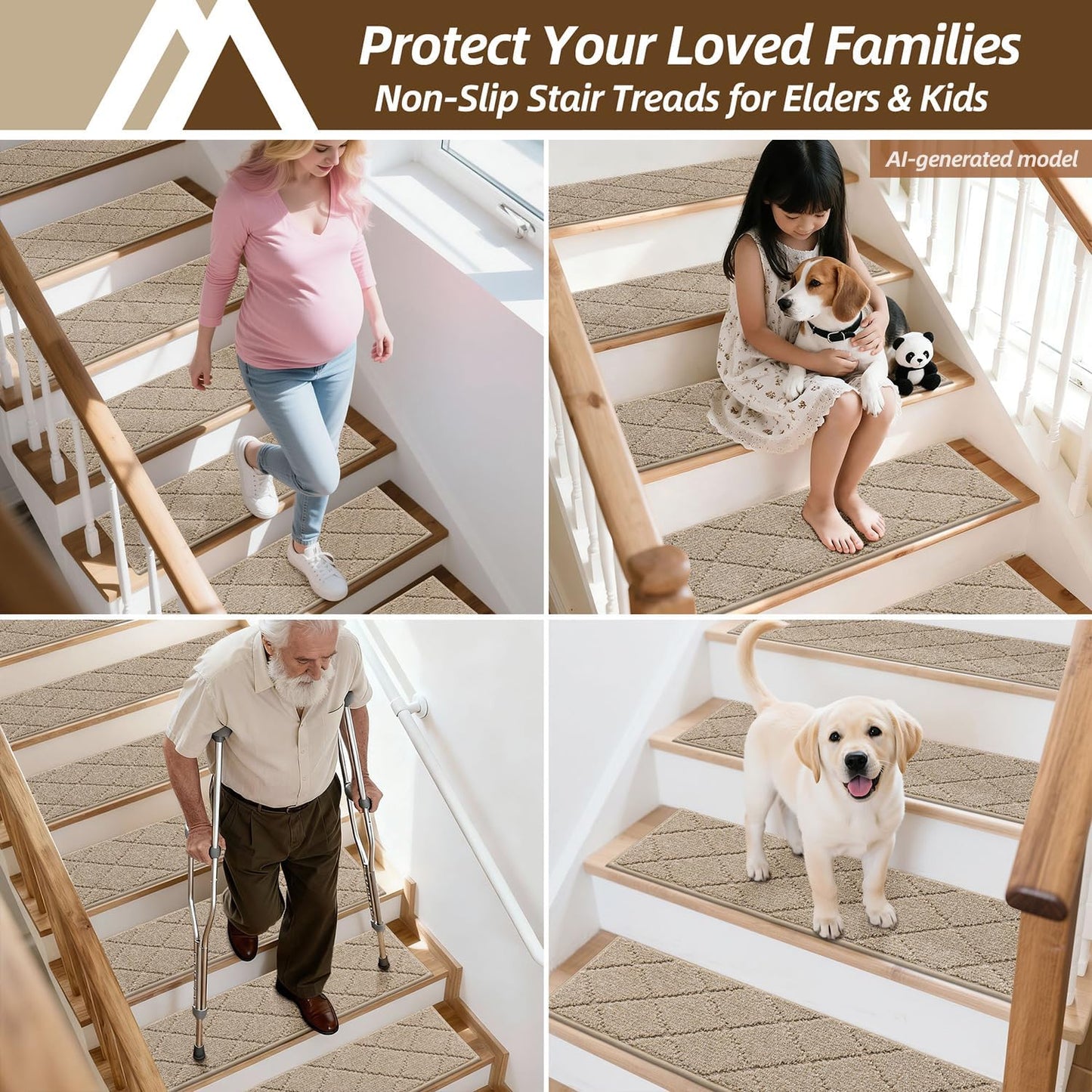COSY HOMEER Edging Stair Treads Non-Slip Carpet Mat 28inX9in Indoor Stair Runners for Wooden Steps, Edging Stair Rugs for Kids and Dogs, 100% Polyester TPE Backing(4pc, Beige)