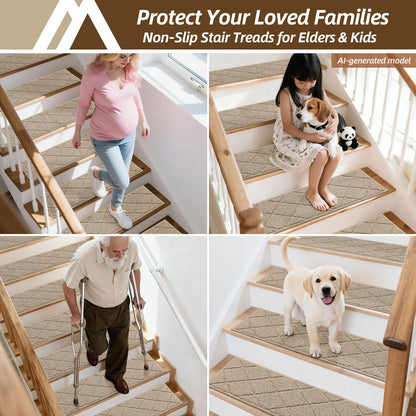 COSY HOMEER Edging Stair Treads Non-Slip Carpet Mat 28inX9in Indoor Stair Runners for Wooden Steps, Edging Stair Rugs for Kids and Dogs, 100% Polyester TPE Backing(4pc, Beige)