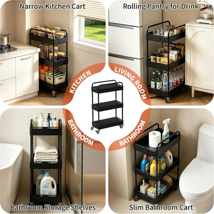 HOTEAGLE Three Tier Rolling Cart, Adjustable Width & High Adaptability | Metal Utility Storage Carts with Wheels, Ideal Storage Organizer for Livingroom, Kitchen and Bathroom