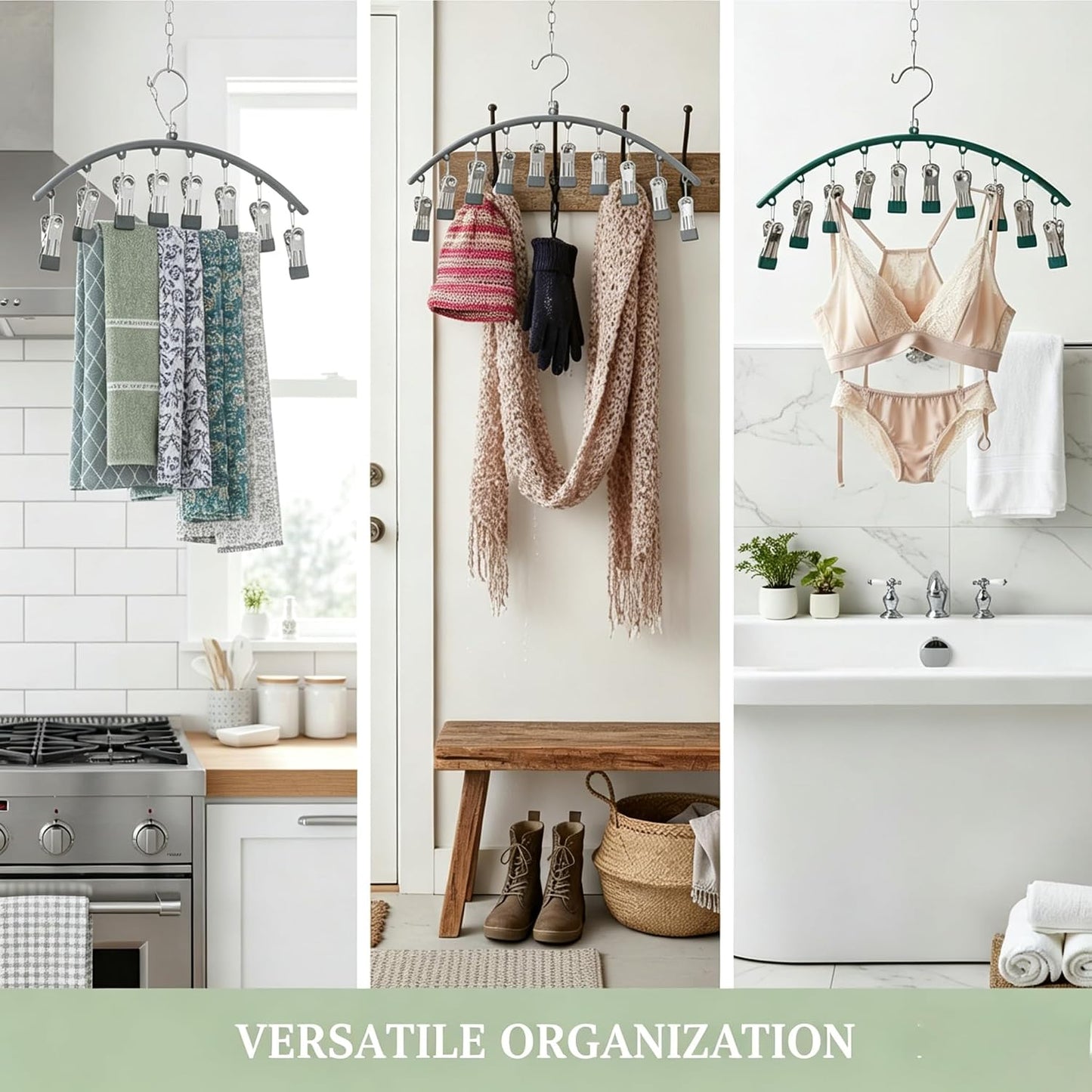 Stainless Steel Sock Drying Rack with 10 Clips 3-Pack, Windproof Laundry Hanger with Non-Slip Clips, Space Saving for Underwear Bras Socks Indoor Outdoor Use (Green)