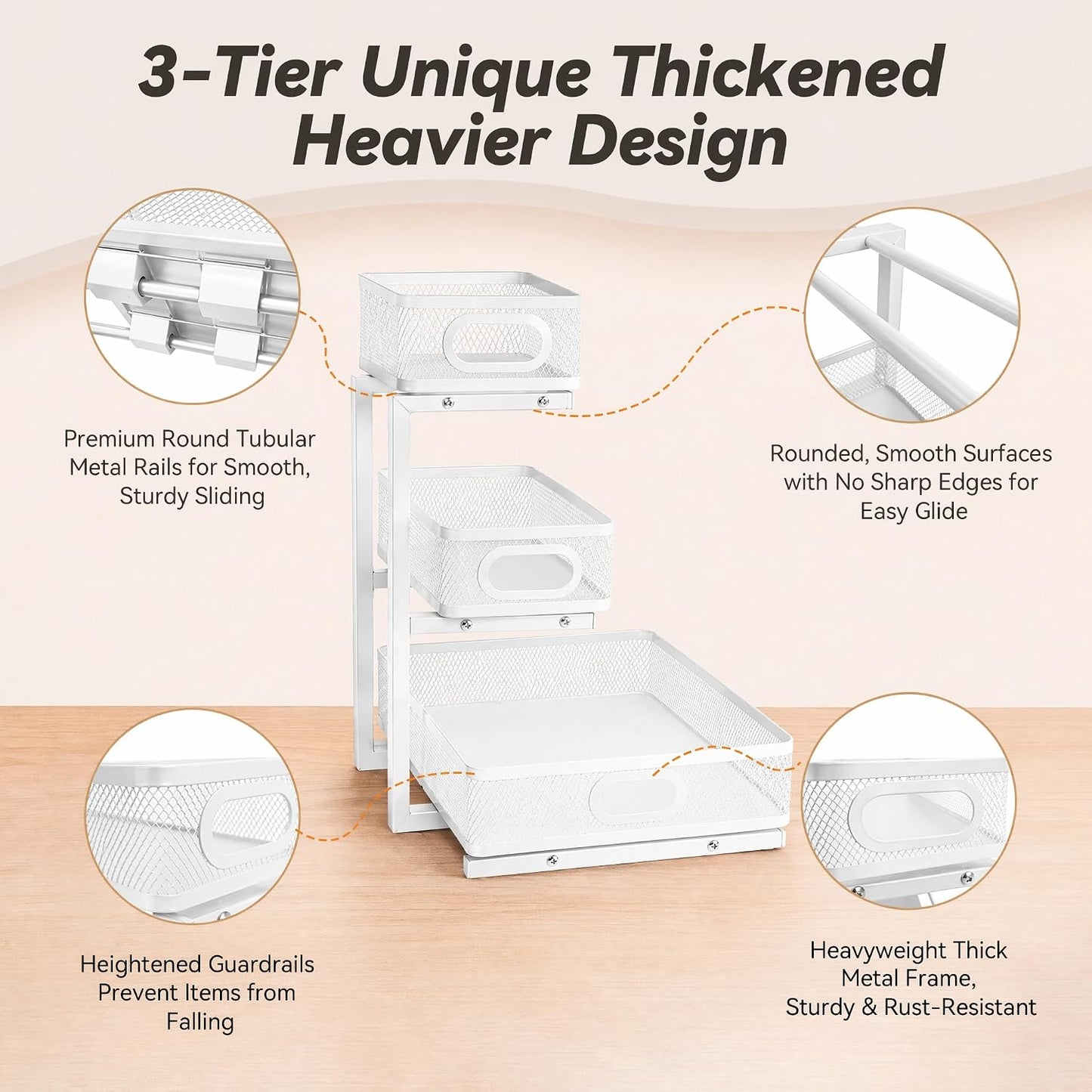 3-Tier Under Sink Organizer 2-Pack Thickened Metal Pull out Cabinet Shelf Height Adjustable Slide Out Drawer Storage Rack for Bathroom Kitchen Pantry Laundry Home Office Organization (Black)