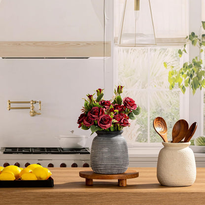 Ceramic Flower Vase, Small Rustic Farmhouse Vases Home Decor, Short Pottery Decorative Pampas Vase for Table Living Room Entryway Mantel Bookshelf Bedroom Bathroom Kitchen - 6" W