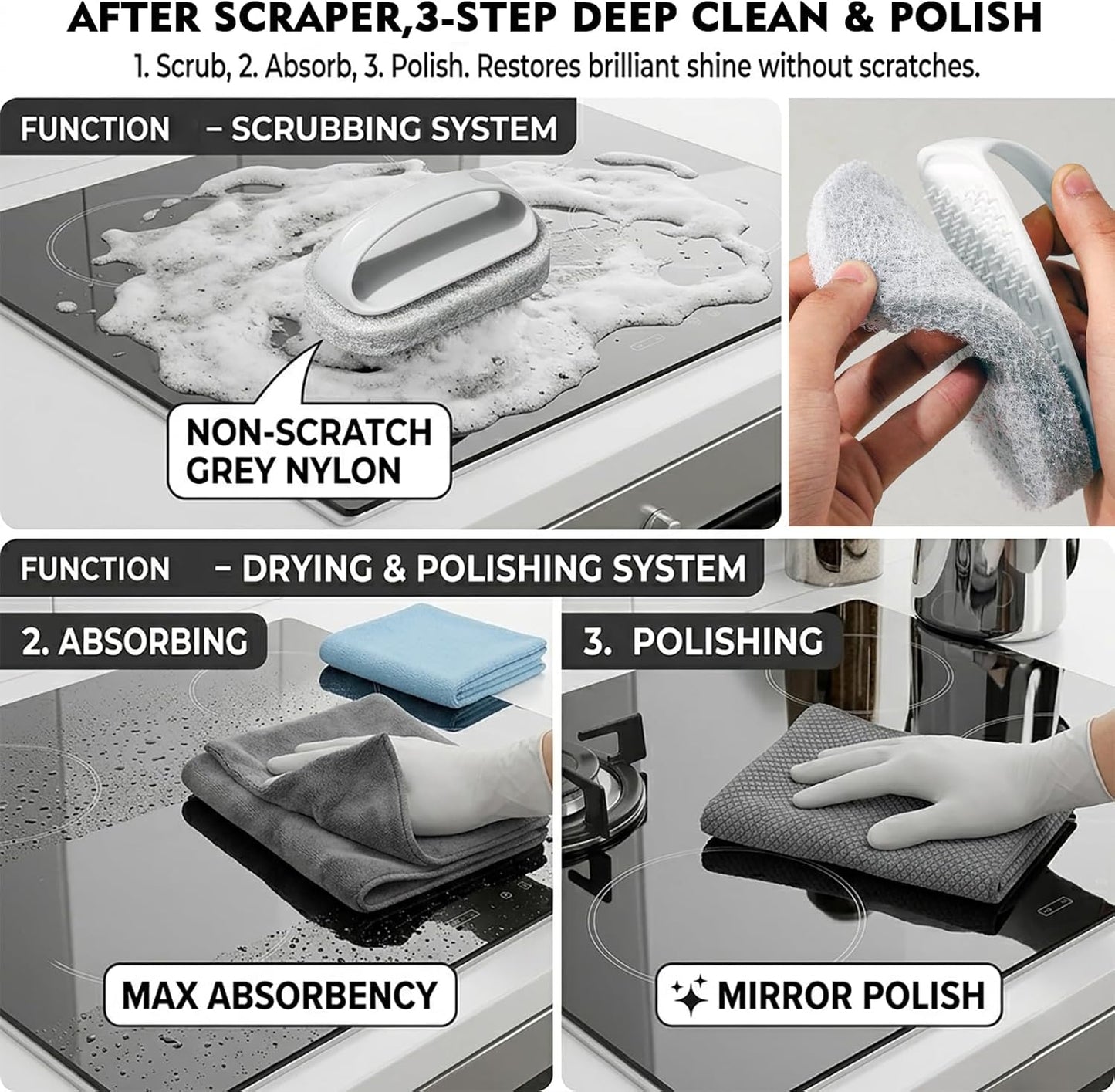 Glass Cooktop Cleaning Kit,4-in-1 Scraper with 20 Blades, Non-Scratch Dish Brush with Absorbent Cloth&Storage Bag–Stove Top Deep Cleaning Set for Kitchen Ceramic, Halogen, Gas Stove & Glass Surfaces