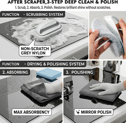 Glass Cooktop Cleaning Kit,4-in-1 Scraper with 20 Blades, Non-Scratch Dish Brush with Absorbent Cloth&Storage Bag–Stove Top Deep Cleaning Set for Kitchen Ceramic, Halogen, Gas Stove & Glass Surfaces