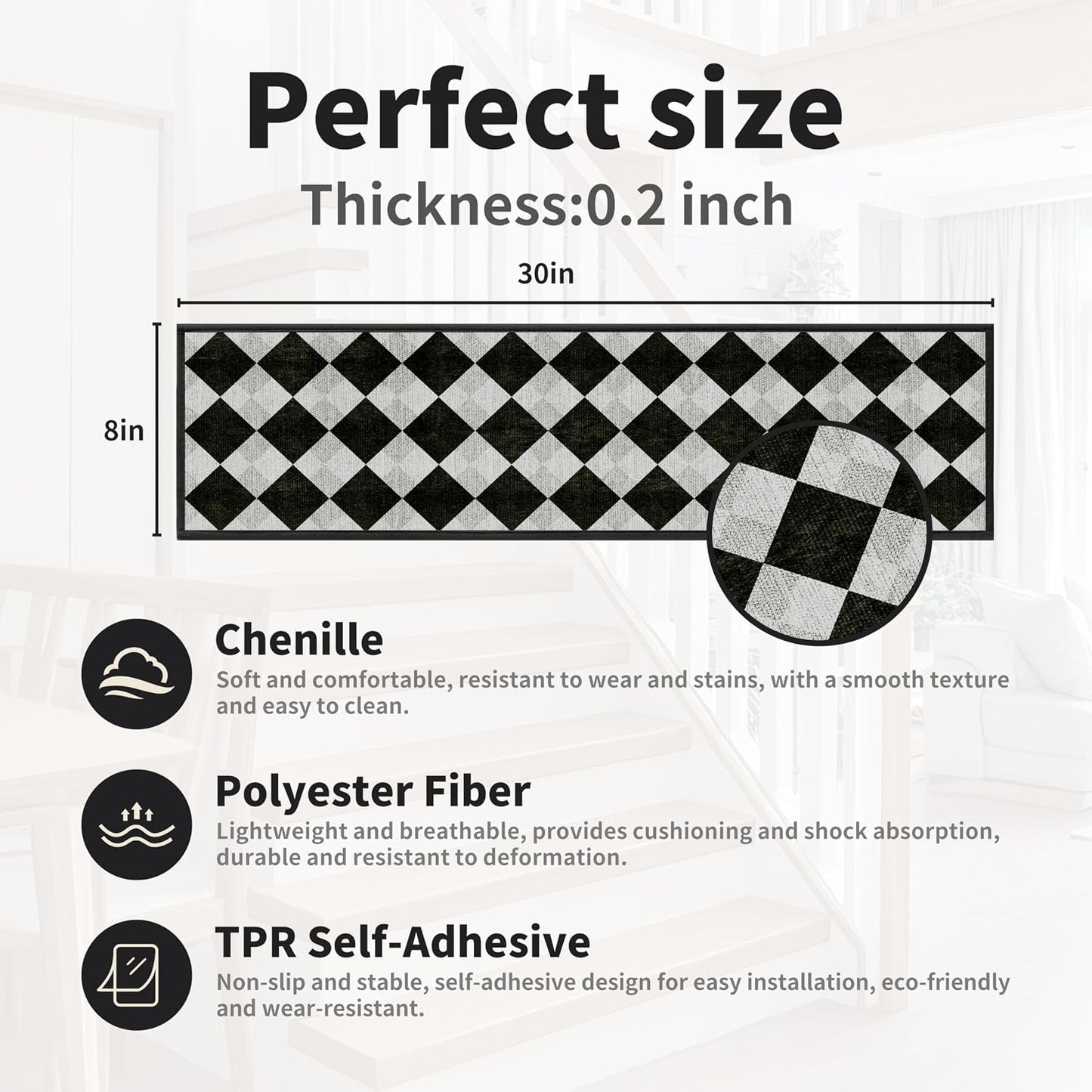Non-Slip Carpet Stair Treads 15PCS, 8"x30" Peel and Stick Stair Runner for Wooden Steps Indoor, Washable Reusable Adhesive Backing, Pet-Friendly Safety Mats for Kids, Elders, Dogs