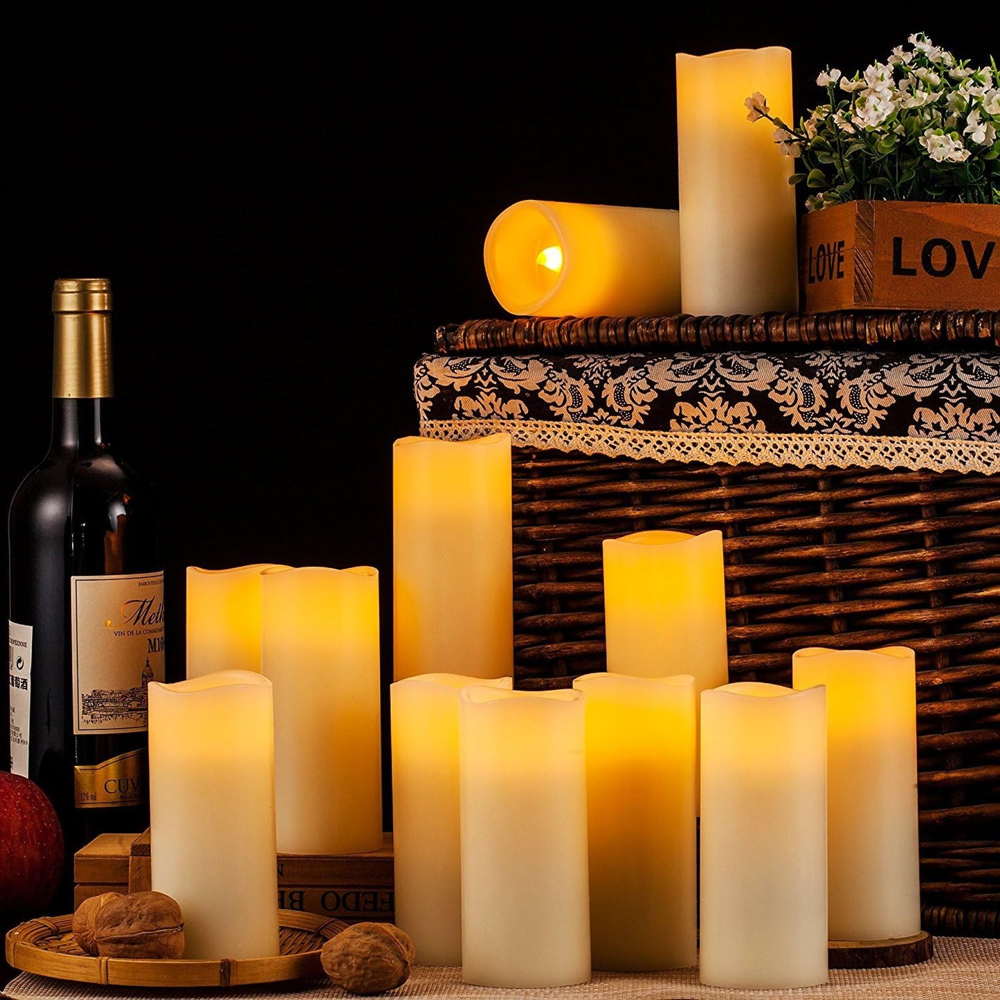 Enpornk Flameless Battery Operated Outdoor Waterproof Set of 12(D: 3" x H: 3" 4" 5" 6") Pillar LED Candles with 10-Key Remote and Cycling 24 Hours Timer