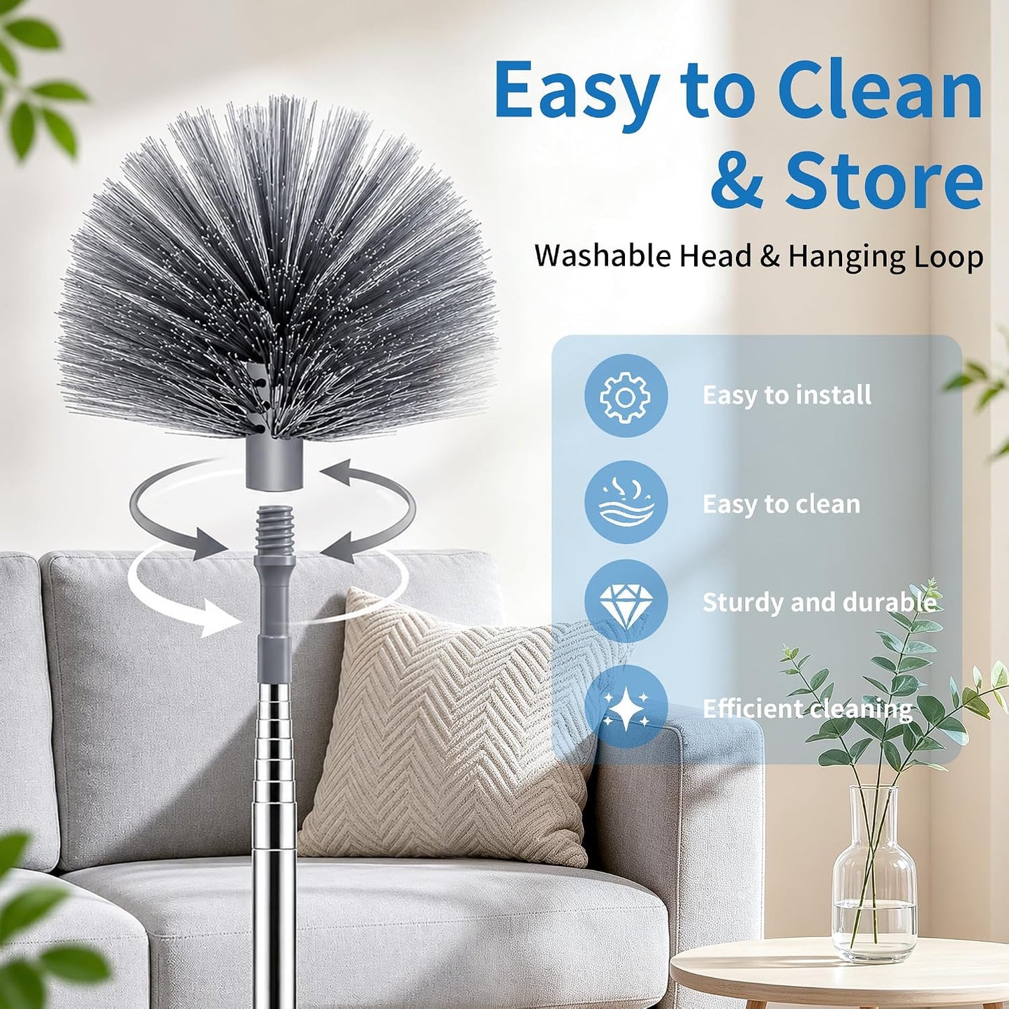 Cobweb Duster with Extension Pole, Upgraded Heavy Duty Thickened Stainless Steel Telescopic Handle for High Ceilings & Ceiling Fans, 90" Total Reach (15.7" Compact), Medium Stiff Bristles (Orange)