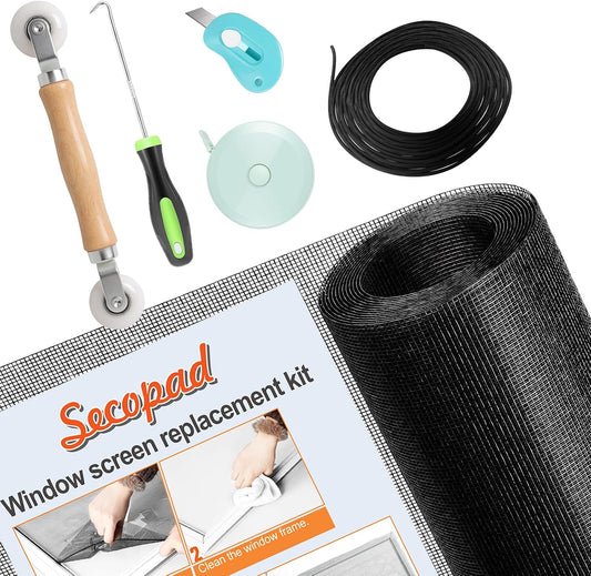 Secopad Window Screen Repair Kit, 39" x 78" Screen Door Mesh Replacement Kit, Durable Fiberglass Roll with Tools for Windows Doors Patio and Porch Replacement, Black