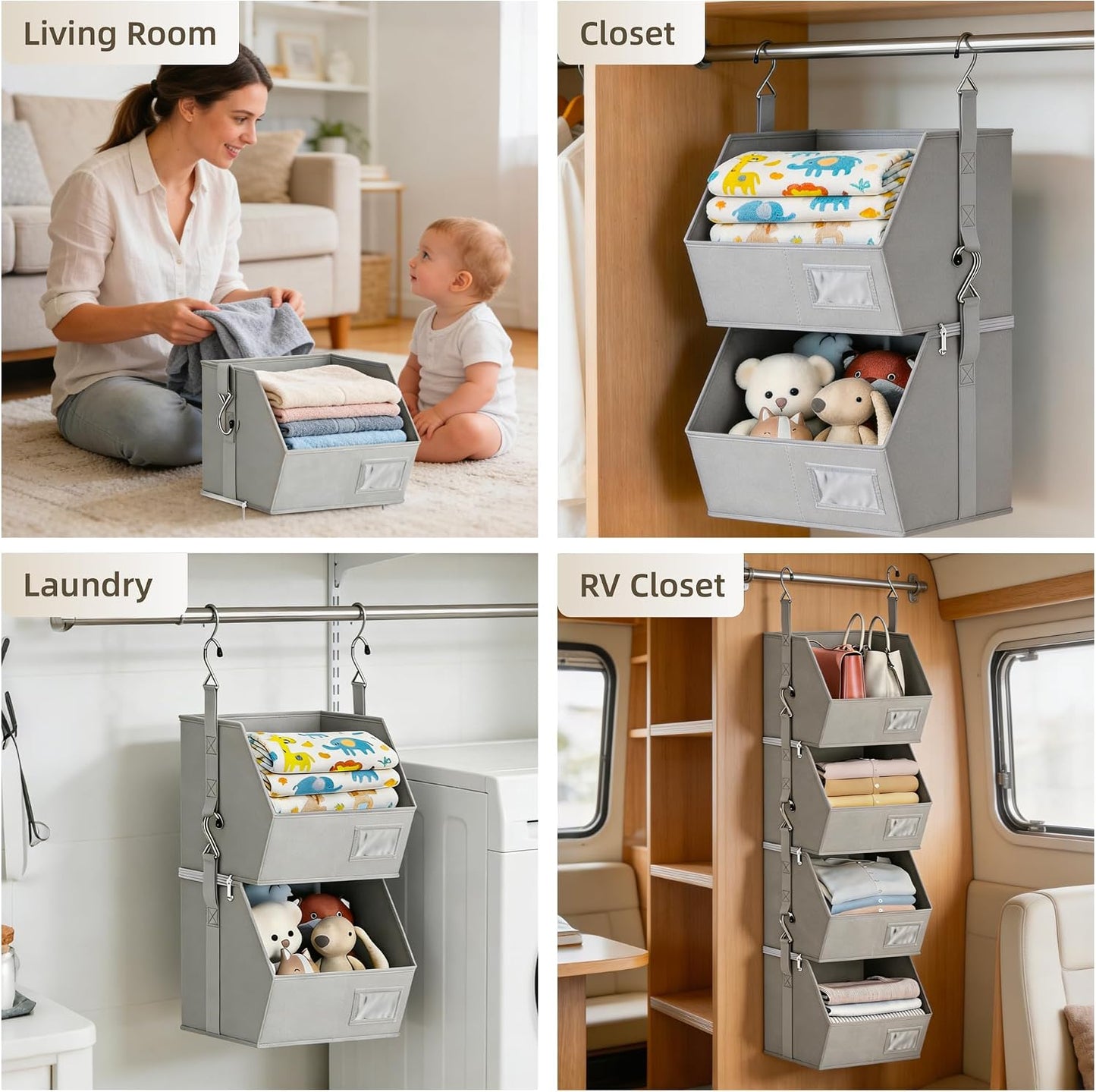 Hanging Closet Organizer 4 Tier, Hanging Shelves for Closet-Hanging Closet Organizer with Stackable Shelves,Versatile Fabric Storage Bins for Bedroom, RV, Nursery,Dorm(Purple)