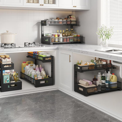 2-Pack Under Sink Storage Organizer, Large 2-Tier Elegant Mesh Pull Out Shelf for Kitchen and Bathroom Cabinet Organization, L-Shaped and Adjustable Height Design,Patent Pending-Black