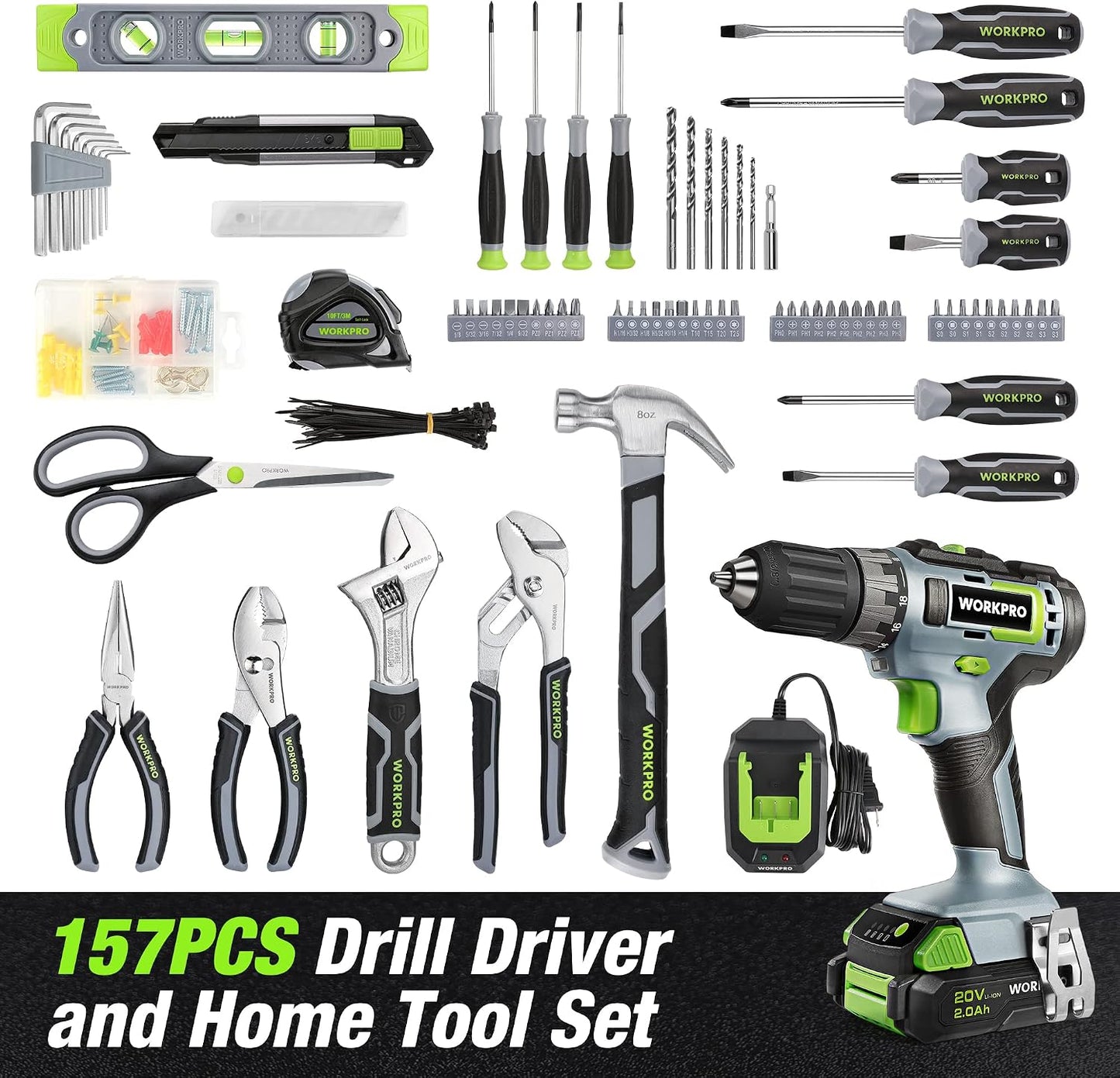 WORKPRO Home Tool Set with 20V Cordless Lithium-Ion Drill Driver, Household Repairing Tool Kit with Drill, 157PCS Power Drill Sets, 14-Inch Wide Mouth Storage Tool Bag, Green