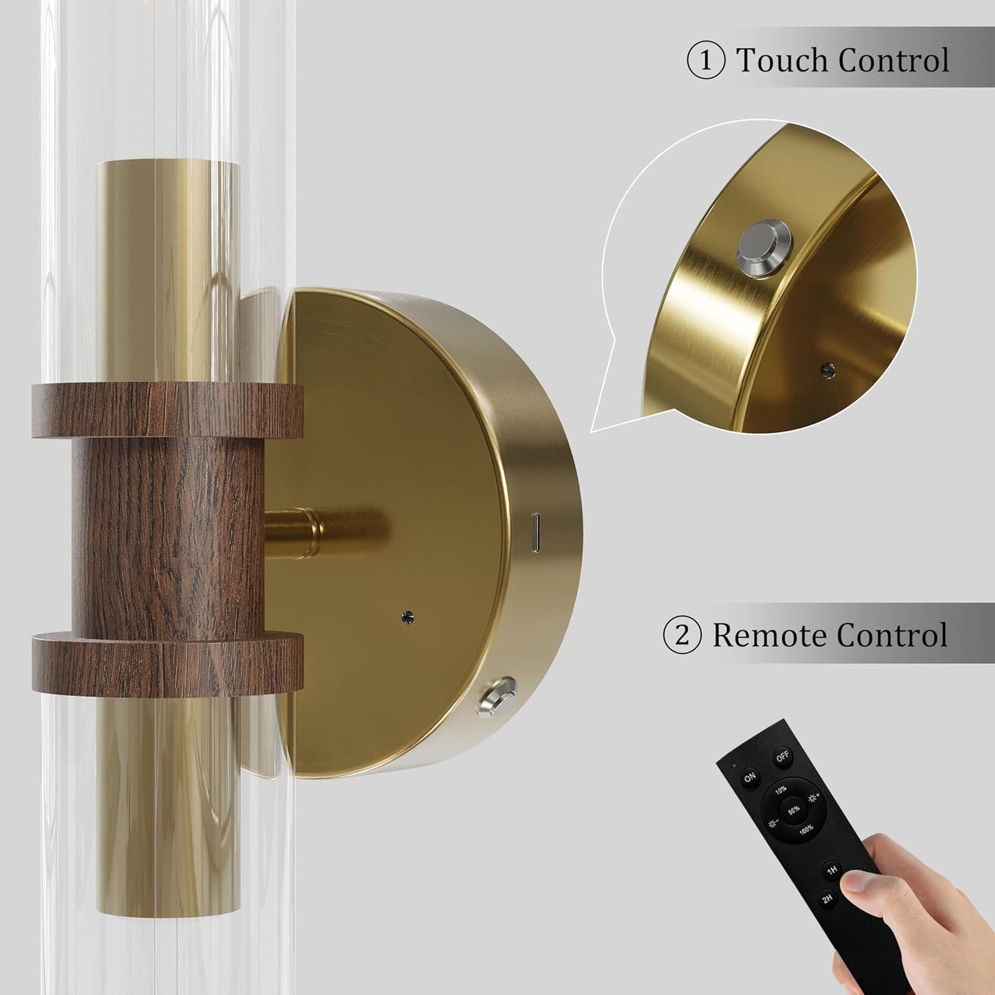 Wireless Wall Sconces with Remote Control, Battery Operated Wall Sconce Set of 2 with Timer, Gold Rechargeable Dimmable Glass Wall Lights for Living Room Bedroom Hallway Entryway 3000K, 20.5 Inch