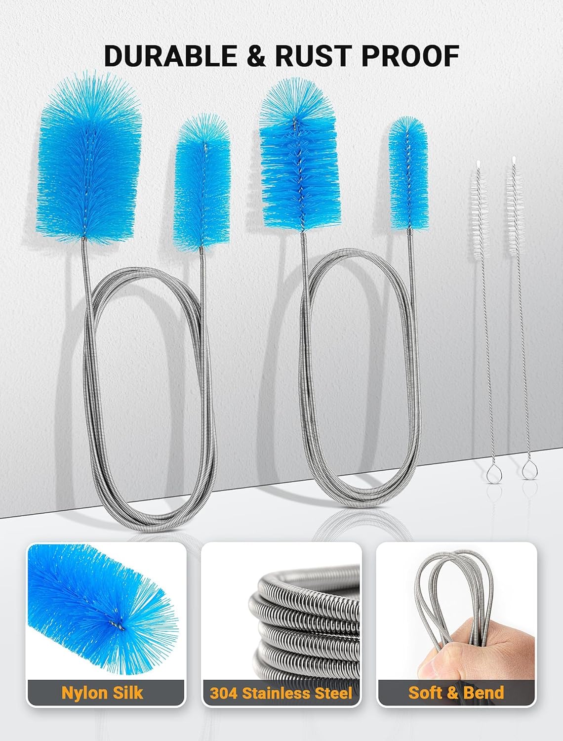 SARDVISA Flexible Long Drain Brush Tool with Large Double Elastic Nylon Ends, Stainless Steel Tube Cleaner Brush for Kitchen, Sink, Drain Pipe, and Long Pipe Cleaning, 2 Straw Cleaning Brushes