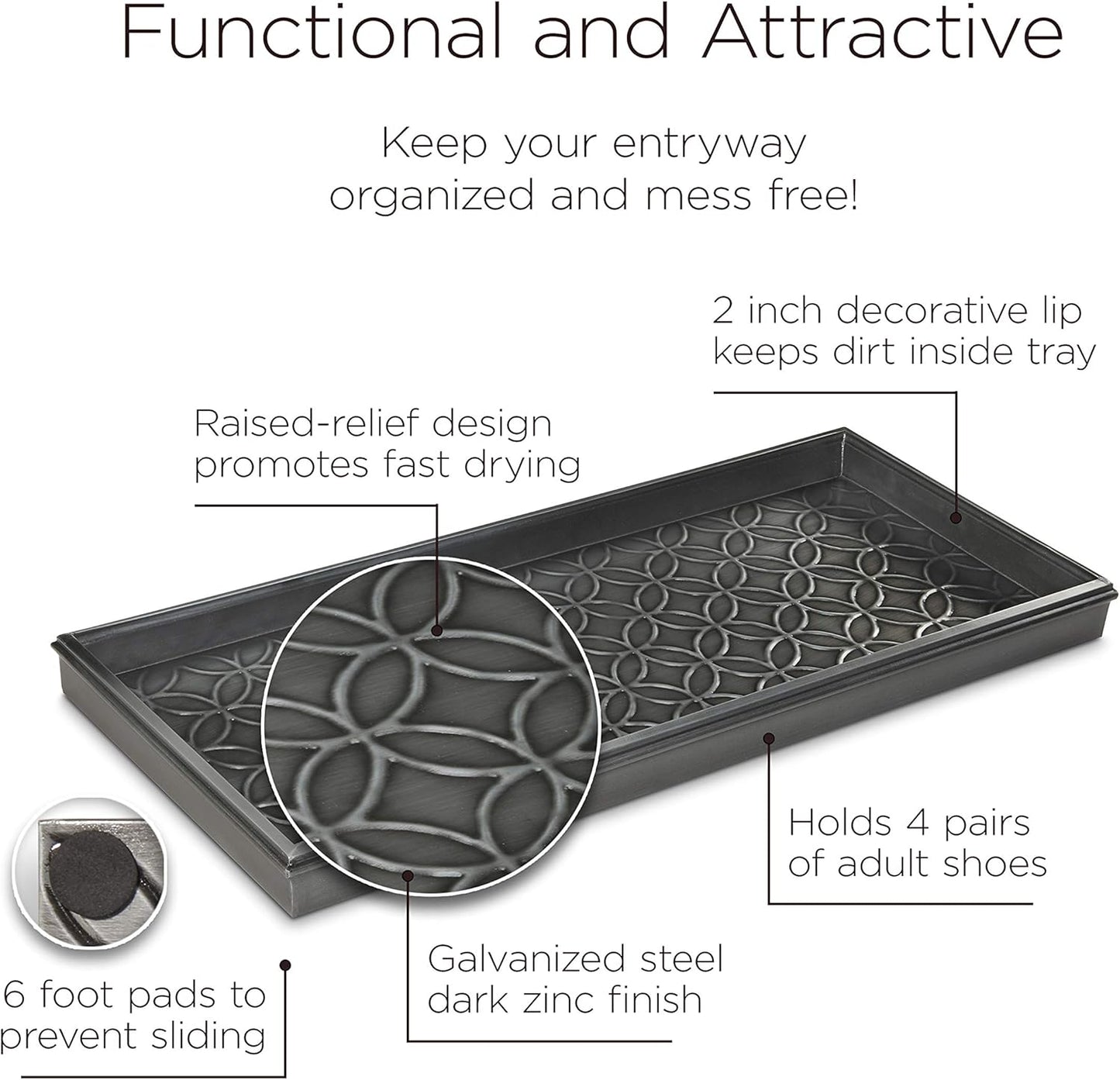 Good Directions Medium Boot Tray, Double Circles Multi-Purpose All Weather Decorative Tray, Shoes, Plants, Pet Bowls, 30x13x2 Inch, Dark Zinc Gray Steel