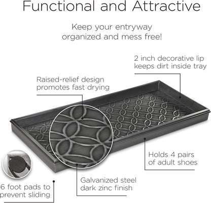 Good Directions Medium Boot Tray, Double Circles Multi-Purpose All Weather Decorative Tray, Shoes, Plants, Pet Bowls, 30x13x2 Inch, Dark Zinc Gray Steel