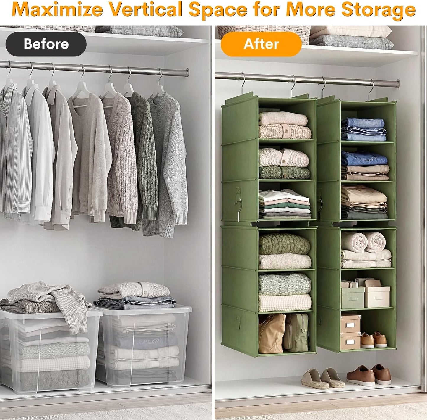 Extra Deep Hanging Closet Organizers and Storage, 2 Pack 3-Shelf | Separable Hanging Shelves with Linen Texture, Foldable & Space-Saving, For Clothes, Handbags, Hats, Closet, Dorm, RV, Green