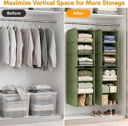 Extra Deep Hanging Closet Organizers and Storage, 2 Pack 3-Shelf | Separable Hanging Shelves with Linen Texture, Foldable & Space-Saving, For Clothes, Handbags, Hats, Closet, Dorm, RV, Green