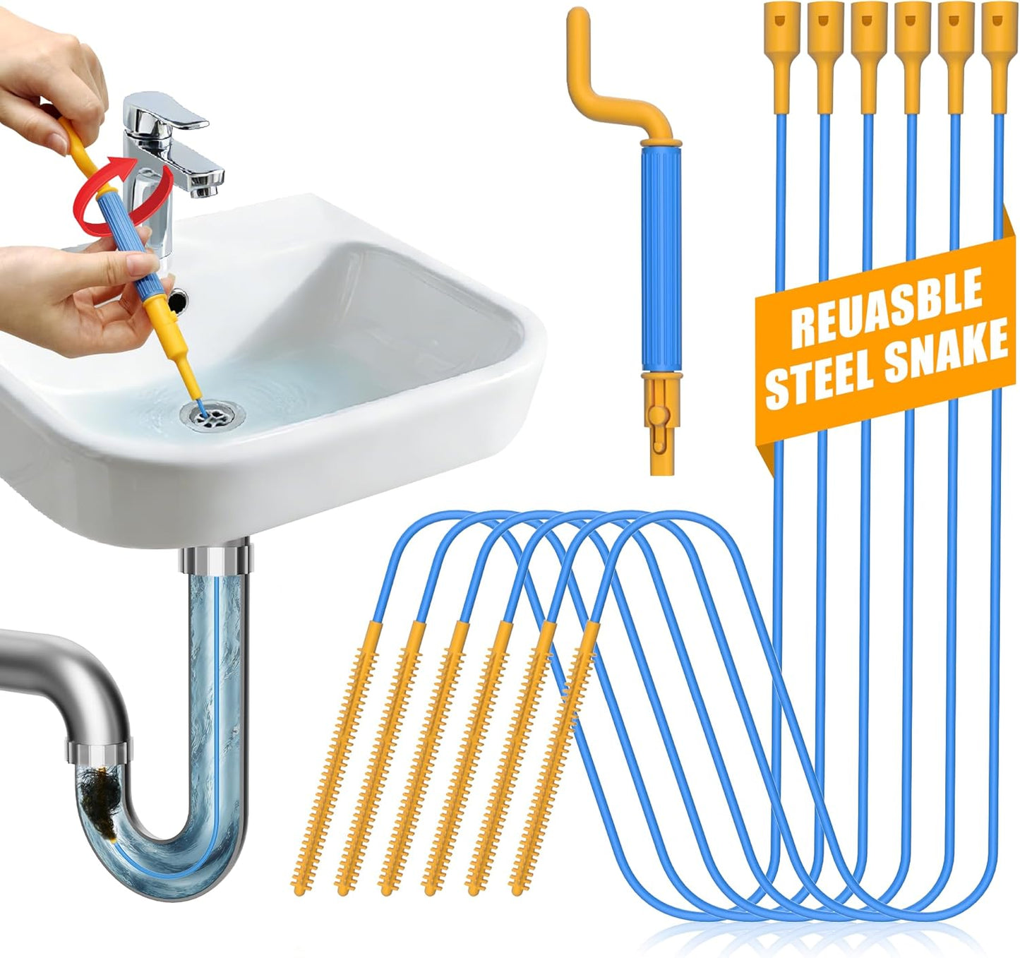 EastLink 30-Inch Reusable Drain Snake Hair Drain Clog Remover 6 Pack, Anti-Break Steel Sink Snake Drain Hair Removal Tool with Rotating Handle, Drain Cleaner Tool for Bathroom Sink, Shower, Bathtub