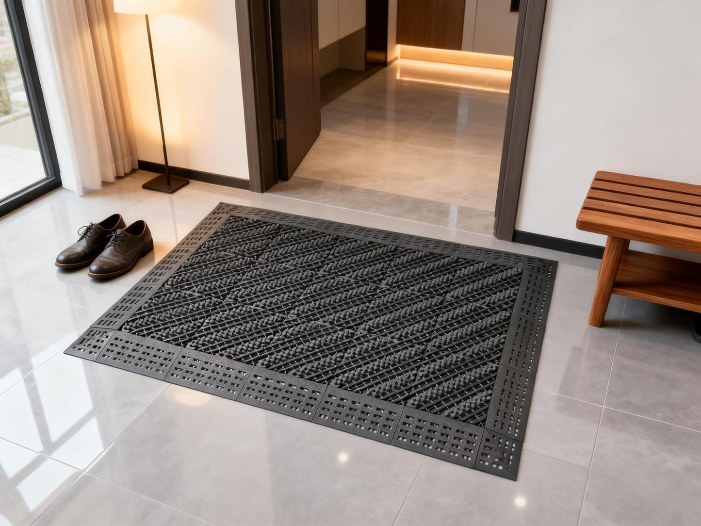 Heavy Duty Outdoor Boot Scraper Mat, 29.5" x 17.5" | Mud & Snow Doormat with Stiff Nylon Bristles, Modular Interlocking Shoe Cleaner for Garden 1.37" Thick