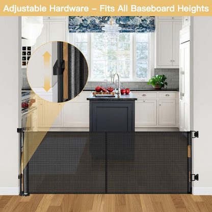 Reinforced 28-Inch Tall Retractable Baby Gates for Doorways, Walk Through Pet Gate for Stairs, Short Baby Gate with Support Rods, 55 Inch Wide Mesh Gate Retractable Gate Small Dog Gate, Gray