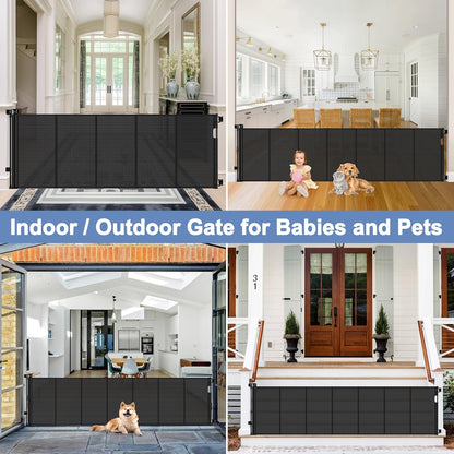 Reinforced Retractable Baby Gates with Support Beam 60" Wide Retractable Dog Gate Indoor Prevent Children and Dogs from Crawling Under Outdoor Dog Gate for Deck Mesh Gates for Kids or Pets, Black