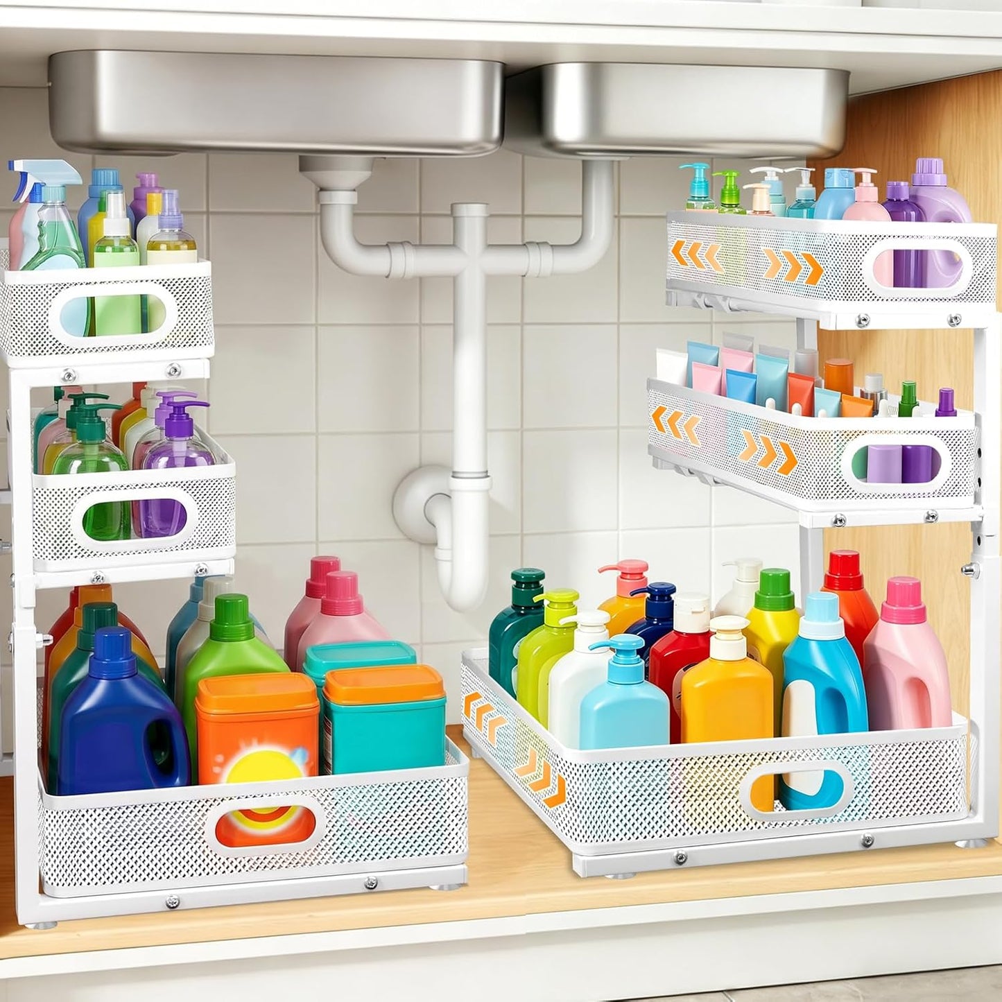 Under Sink Organizer for Bathroom, 3 Tier Adjustable Height Under Sink Storage, Sliding Pull Out Cabinet Organizer Shelf, Metal Multi-Purpose Cabinet Organizer for Kitchen (2 Pack, White)