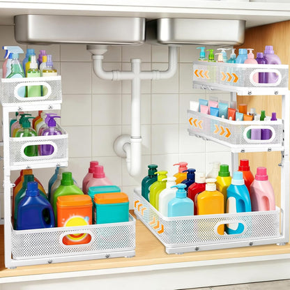 Under Sink Organizer for Bathroom, 3 Tier Adjustable Height Under Sink Storage, Sliding Pull Out Cabinet Organizer Shelf, Metal Multi-Purpose Cabinet Organizer for Kitchen (2 Pack, White)
