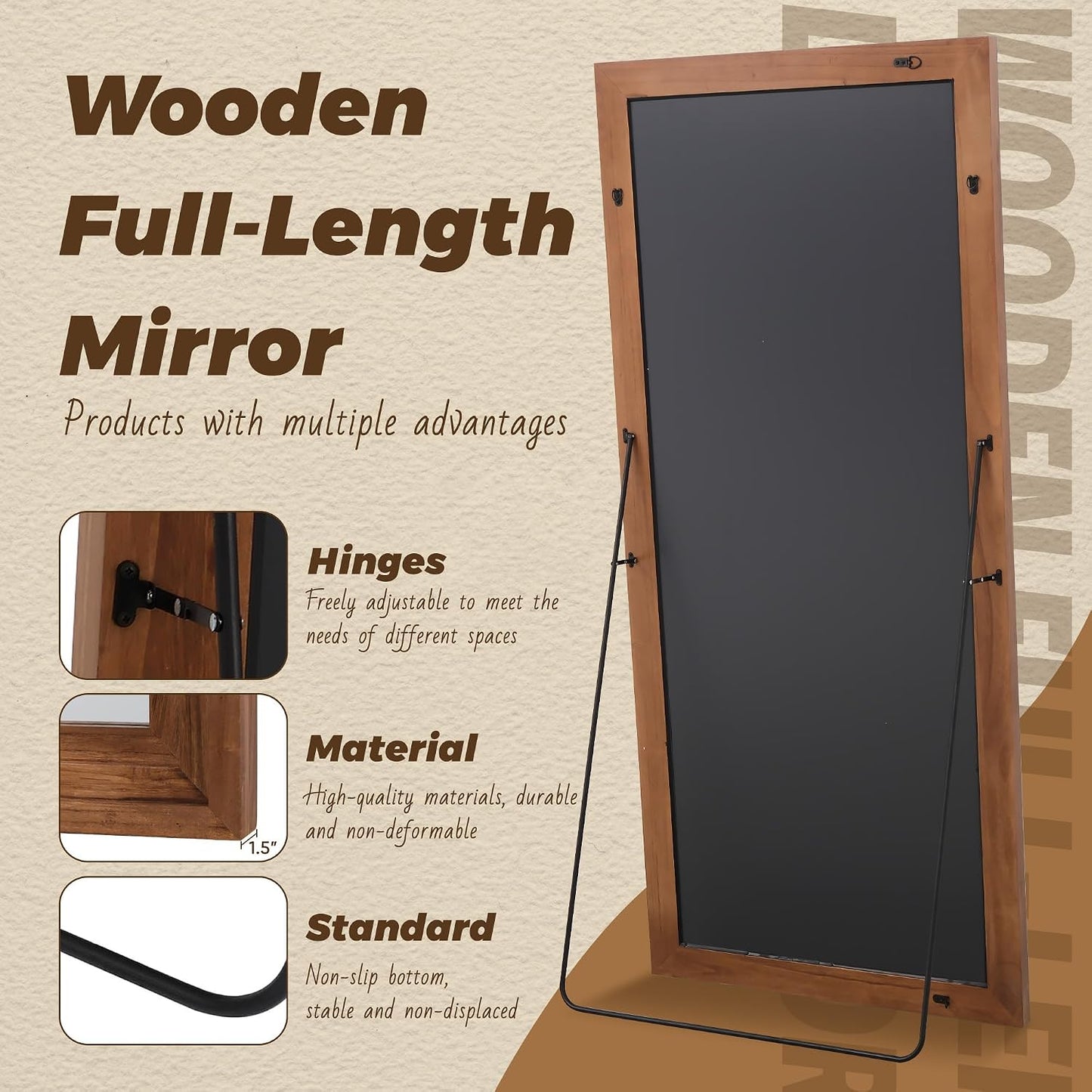 Antok Full Length Mirror with Solid Wood Frame, 71"×32" Wall Mounted Oversized Floor Mirror with Stand, Leaning Standing Hanging for Bedroom Living Room Entryway, Walnut, Arched Syle