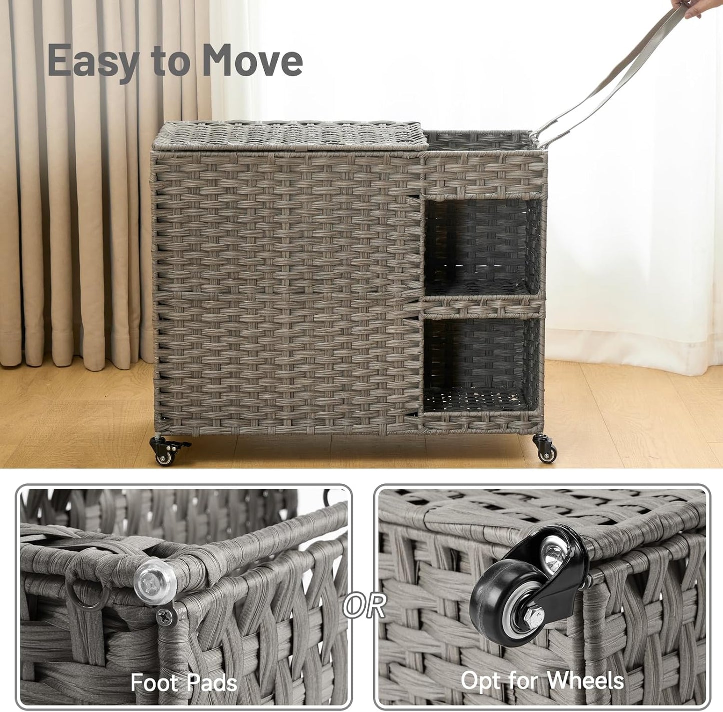 Laundry Hamper with Wheels, 42.3 Gal.(160 L) Laundry Sorter with Shelves, Rattan Clothes Hamper with 4 Removable Liners & 3 Mesh Bags, Handwoven Organizer for bedroom, bathroom, laundry room, Natural