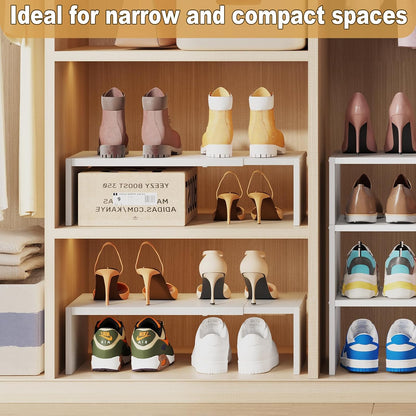 X-cosrack 2 Pack 2-Tier Shoe Rack Organizer for Closet, Expandable and Adjustable White Shoe Rack, Stackable Iron Wood Combination Shoe Storage Shelves for Closets, Entryway, Small Space, Garage