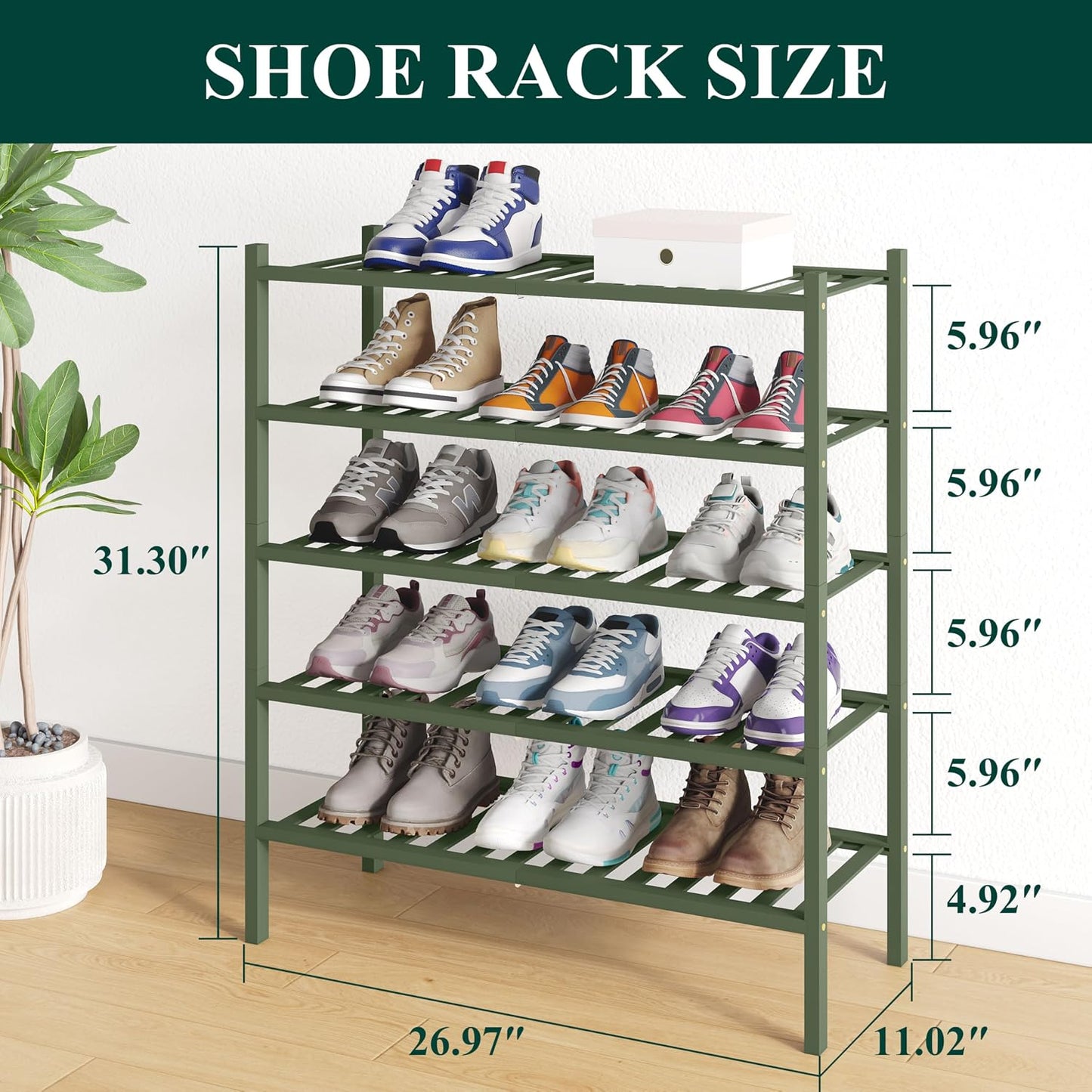 Smiry Bamboo Shoe Rack for Closet, 3 Tier Wooden Shoe Organizer, Stackable Wood Shoe Storage Shelf for Entryway, 14 Vertical Slats, One-piece Heavy-Duty Legs, 26.77"x11.02"x18.31", Natural