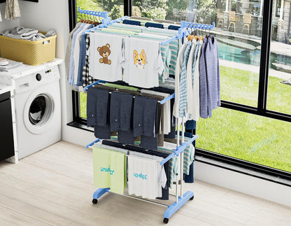 HOMIDEC Clothes Drying Rack, Oversized 4-Tier(67.7" High) Foldable Stainless Steel Drying Rack Clothing, Movable Drying Rack with 4 castors, 24 Drying Poles and 14 Hooks for Bed Linen, Clothing, Grey
