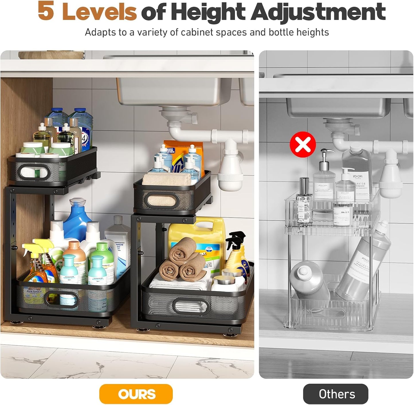 2 Pack Under Sink Organizer With Smooth Cylindrical Rail,2-Tier Pull Out Multi-Purpose Cabinet Storage for Bathroom&Kitchen,Height Adjustable,Rust-resistant Coating-White