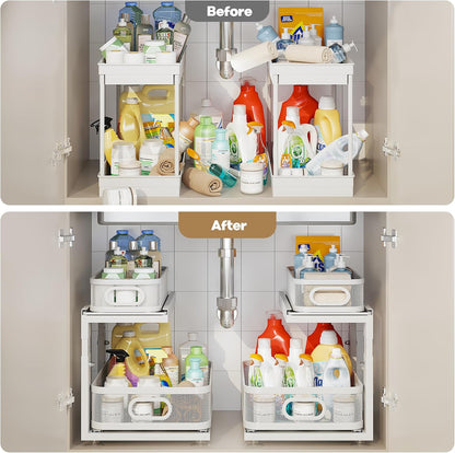 2 Pack 18.5IN-Depth Under Sink Organizer With Next-Gen Ball-Bearing Slides,2-Tier Precision Mesh Pull Out Cabinet Storage for Bathroom&Kitchen,Height Adjustable Drawers Shelf,Anti-rust-White