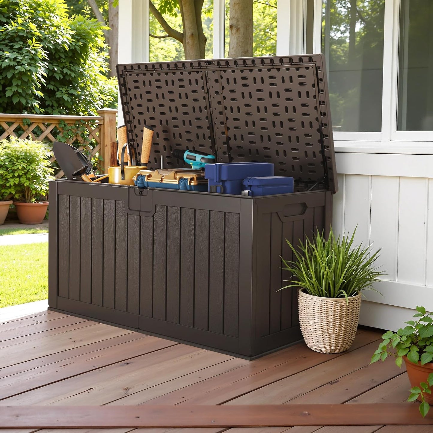 Devoko 30 Gallon Resin Deck Box Waterproof Outdoor Storage Box for Patio Furniture Pool Accessories Indoor Storage for Cushion Garden Tools (30 Gallon, Black)