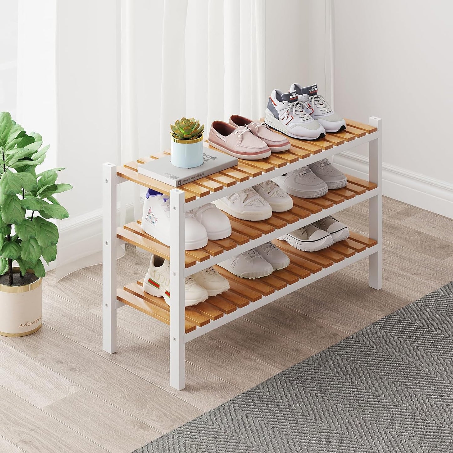 Bamboo Shoe Rack Organizer for Closet and Entryway - Space-Saving Narrow Shoe Stand - Versatile Shoe Holder for Door or Closet Shelf, Garage Bedroom can Freely Stack DIY Small Shoe Racks 3 Tier