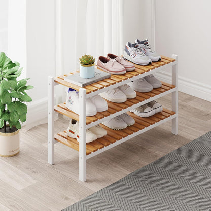 Bamboo Shoe Rack Organizer for Closet and Entryway - Space-Saving Narrow Shoe Stand - Versatile Shoe Holder for Door or Closet Shelf, Garage Bedroom can Freely Stack DIY Small Shoe Racks 3 Tier