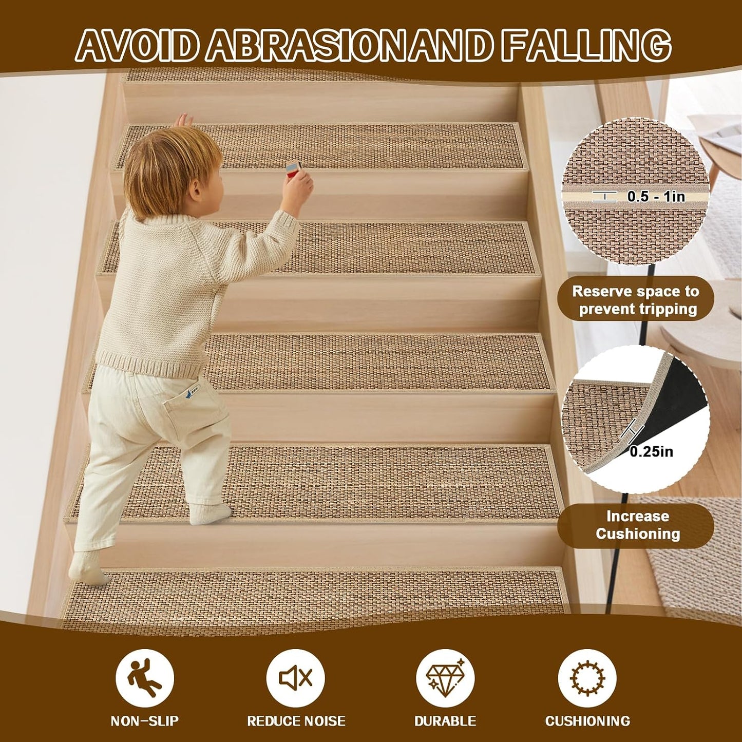 Stair Treads Non Slip, Rubber Backing Stair Treads for Wooden Steps, 15 PCS Thicken Linen Carpet Stair Runners Indoor for Kids Elders and Pets, No Residue Stair Carpet Treads, 8"x30", Beige
