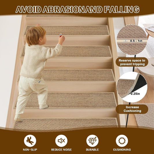 Stair Treads Non Slip, Rubber Backing Stair Treads for Wooden Steps, 15 PCS Thicken Linen Carpet Stair Runners Indoor for Kids Elders and Pets, No Residue Stair Carpet Treads, 8"x30", Beige