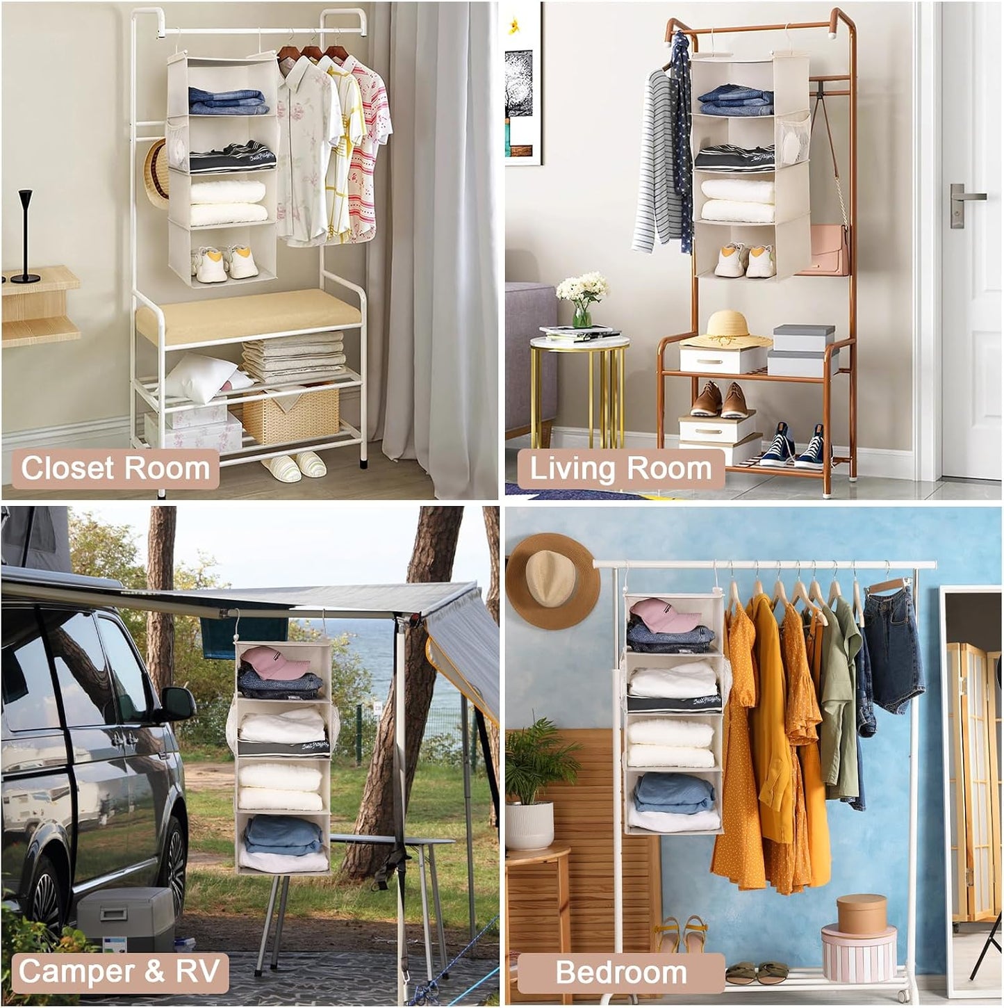 MAX Houser 4-Shelf Hanging Closet Organizer, Space Saver, Cloth Hanging Shelves with 2 Side Pockets, Foldable (Beige)