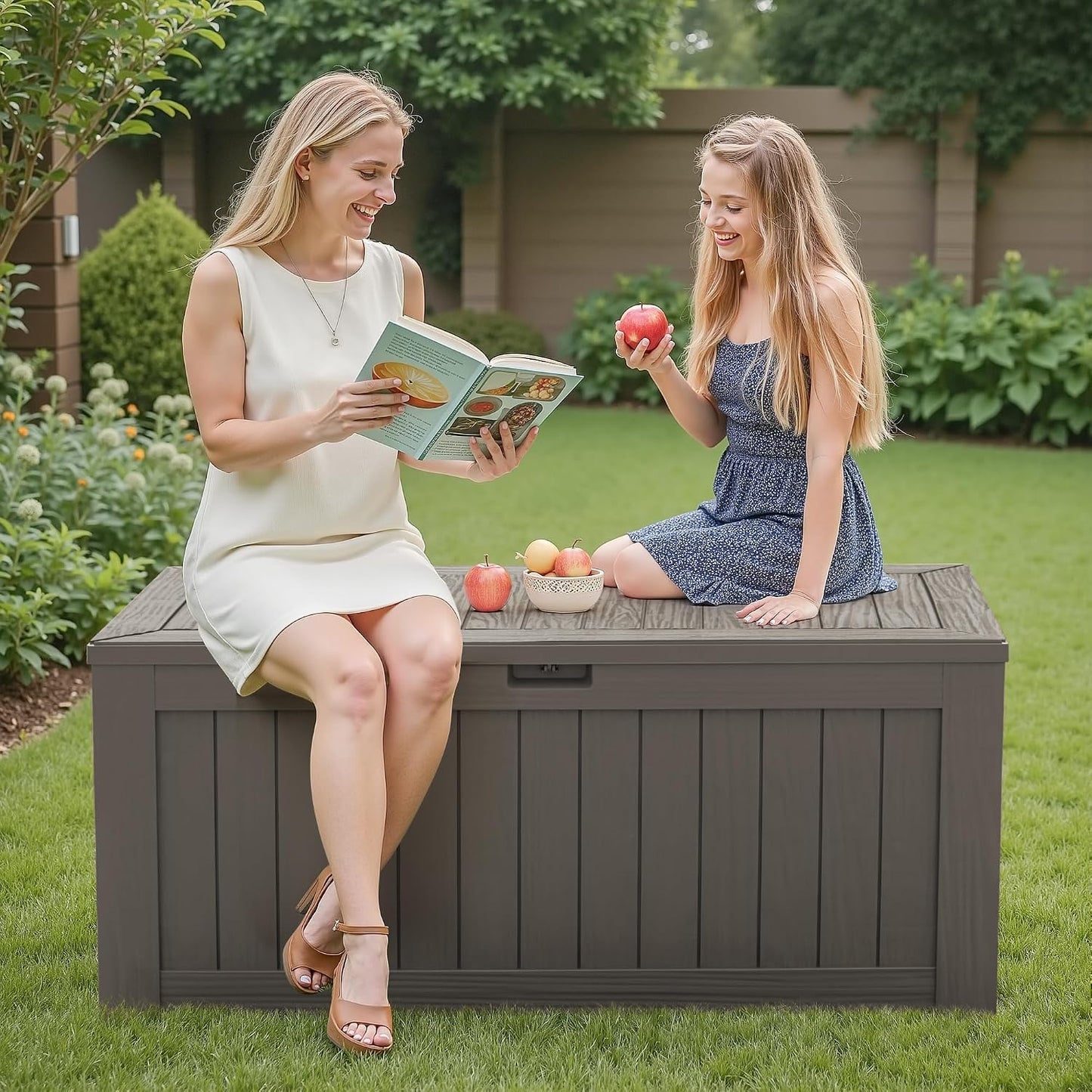 Flamaker Resin Deck Box 120 Gallon Waterproof Large Outdoor Indoor Storage Box Imitation Wood Resin for Patio Furniture Garden Tools and Pool (Black)