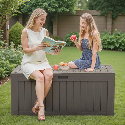 Flamaker Resin Deck Box 120 Gallon Waterproof Large Outdoor Indoor Storage Box Imitation Wood Resin for Patio Furniture Garden Tools and Pool (Black)