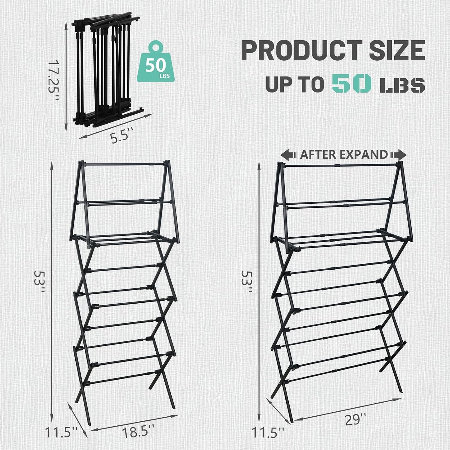 ZOES HOMEWARE 4 Tier Clothes Drying Rack Foldable | Foldable Clothing Drying Rack | Laundry Drying Rack Collapsible for Laundry Room, Dorm, Expandable Sturdy Metal Design | Black 29"L x 11.5"W x 53"H