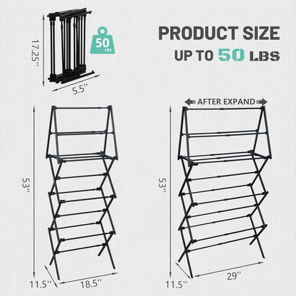 ZOES HOMEWARE 4 Tier Clothes Drying Rack Foldable | Foldable Clothing Drying Rack | Laundry Drying Rack Collapsible for Laundry Room, Dorm, Expandable Sturdy Metal Design | Black 29"L x 11.5"W x 53"H