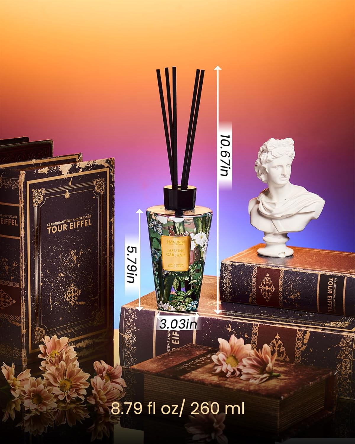 M&SENSE Reed Diffuser Set, Jasmine Sandalwood Scented 6.3 fl oz Natural Essential Oil Diffusers with Sticks, Non-Toxic Organic Air Freshener, Long-Lasting Fragrance Oils for Home Bathroom Living Room